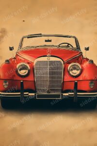 A vintage style illustration showing the front view of a classic red Mercedes convertible against a warm aged paper background.