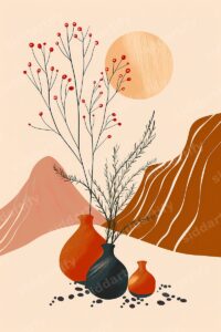 A minimalist digital illustration showing three vases with thin branches and red berries placed before abstract orange mountains and a soft sun in a creamy, neutral landscape.