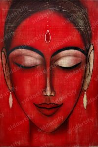 A stylized painting of a calm woman's face in deep red with closed eyes, wearing a bindi and simple earrings.