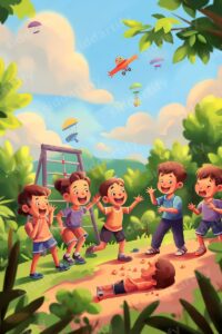 A colorful digital illustration featuring five happy children playing together in a park near a climbing frame with toy planes and parachutes floating in a sunny blue sky.