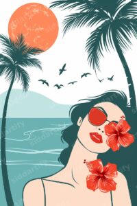 A stylized digital illustration of a woman wearing red sunglasses and hibiscus flowers, set against a tropical beach background with palm trees, a large orange sun, and a teal ocean.