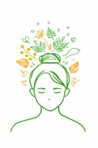 Minimalist green line art of a woman with a topknot hairstyle surrounded by floating leaves, flowers, and a small bird on a white background.