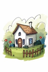 A whimsical digital illustration of a small, white cottage with a brown tiled roof, surrounded by a wooden fence, red flowers, and soft green foliage.