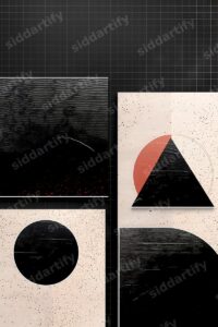 A gallery wall arrangement featuring three abstract prints with black circles, triangles, and textured speckled beige backgrounds on a black grid backdrop.