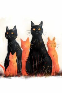 A digital illustration of several stylized black and orange cats sitting in a field of grass against a light background.