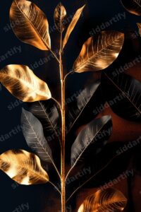 A digital art print featuring a central stem with alternating gold and black leaves against a dark background, highlighting high-contrast elegant botanical design.