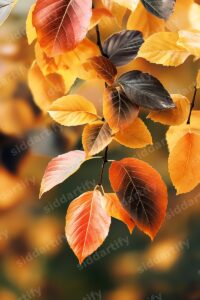 Close up photography of vibrant orange and yellow autumn leaves hanging from a thin branch against a soft blurred background.