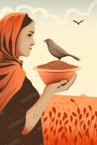 An illustration of a woman wearing an orange headscarf holding a bowl of seeds with a bird perched on the edge, set against a soft sunset background.