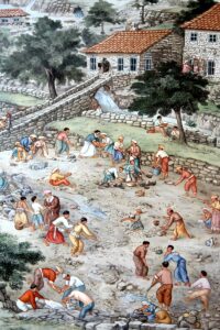 A detailed folk art illustration showing villagers working near a mountain stream beside traditional stone houses with tiled roofs.