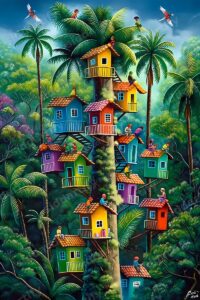 A fantasy illustration featuring small, colorful houses stacked along the trunk of a giant palm tree in a lush tropical jungle, with people relaxing on balconies and birds flying above.