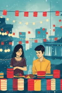 Digital illustration of a young Indian couple standing at a market stall filled with colorful containers under decorative festive lights against a twilight cityscape.