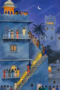 A stylized folk art painting depicting a blue Indian haveli at night with people walking up a staircase illuminated by glowing oil lamps under a crescent moon.